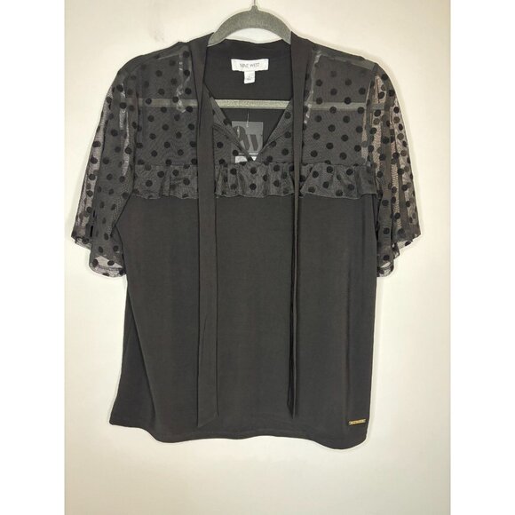 NINE WEST NEW Blouse Womens M Black Polka Dot Sheer Tie Short Slv Flowy - Picture 4 of 8